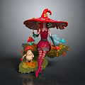 Fantasy Female Game Character With Red Mushroom Hat Pink Dress And Gnome Companion