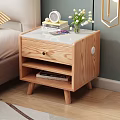 Wooden Bedside Nightstand With Drawer Open Shelf Alarm Clock Vase Flowers And Books