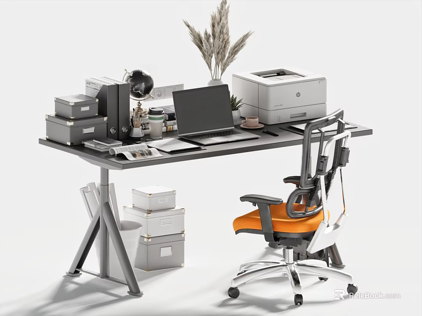 Desk With Laptop Lamp Printer And Orange Office Chair Plus Storage Boxes 3d model 