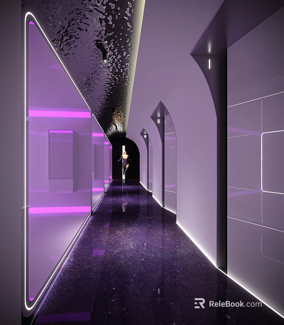 Modern Elevator Corridor Interior with Purple Lighting Arched Doorways and Shiny Floor 3d model 