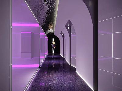 Modern Elevator Corridor Interior with Purple Lighting Arched Doorways and Shiny Floor 3d model