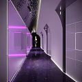 Modern Elevator Corridor Interior with Purple Lighting Arched Doorways and Shiny Floor