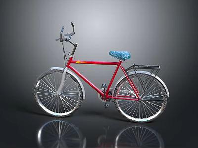 Red Bicycle Featuring Blue Seat Silver Wheels Handlebars and Rear Rack 3d model