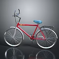 Red Bicycle Featuring Blue Seat Silver Wheels Handlebars and Rear Rack 3d model