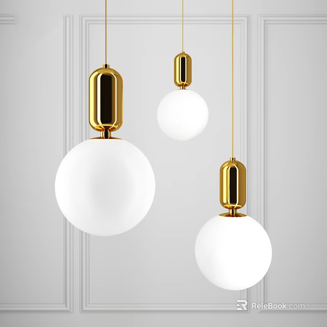 Modern Gold Metal Pendant Lights With White Spherical Glass Shades Hanging In Interior 3d model 