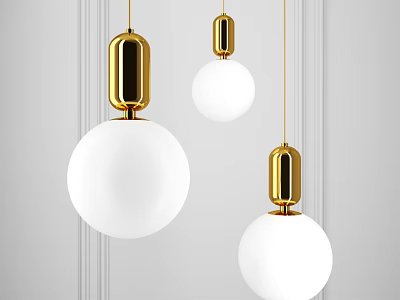 Modern Gold Metal Pendant Lights With White Spherical Glass Shades Hanging In Interior 3d model