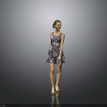 Fashionable Woman In Patterned Dress Standing Gracefully With Heels Against Grey Background
