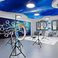 School Science Lab With Starry Ceiling Blue Lighting Circuit Board Backdrop And Circular Windows 3d model