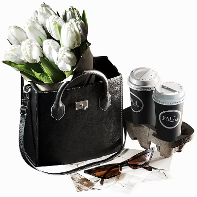 Elegant Ornamental Decor Collection With White Tulips Bouquet Black Handbag PAUL Coffee Cups And Sunglasses 3d model