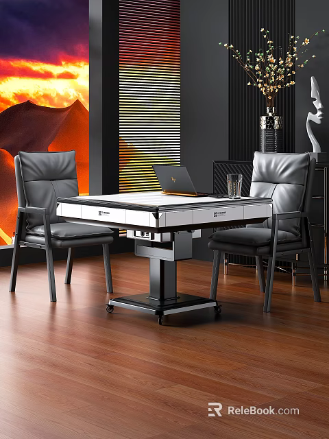 Modern Casual Workspace With Table Black Leather Chairs Laptop Glass And Red Flame Decor Blinds 3d model 