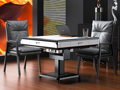 Modern Casual Workspace With Table Black Leather Chairs Laptop Glass And Red Flame Decor Blinds 3d model