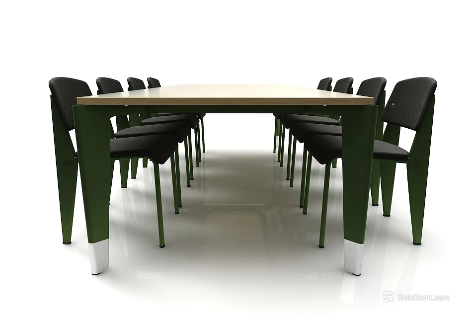 Modern Dining Table Set With Light Wood Top Green Legs And Black Chairs 3d model 