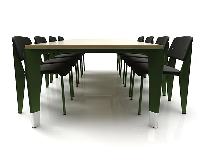 Modern Dining Table Set With Light Wood Top Green Legs And Black Chairs 3d model