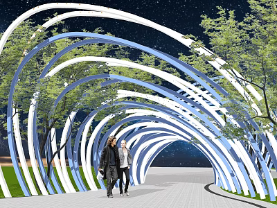 Modern Garden Landscape With Curved Arched Structures Pathway Trees And Night Sky Lighting 3d model