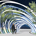 Modern Garden Landscape With Curved Arched Structures Pathway Trees And Night Sky Lighting