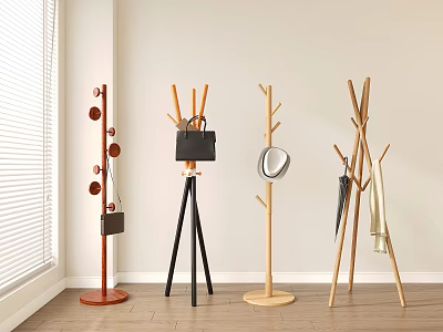 Modern Wooden Coat Racks With Tripod And Branch Like Designs Holding Bag Mirror And Coat 3d model