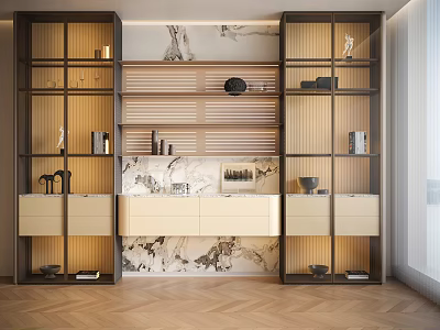 Modern Luxury Wine Cabinet With Marble Backdrop Wooden Frame Glass Doors And LED Strip Lighting 3d model