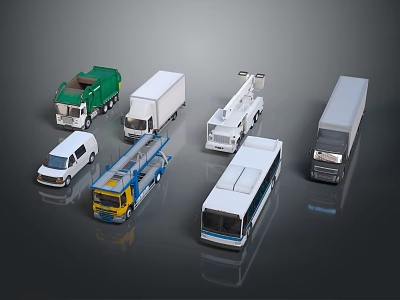 Different Types Of Commercial Vehicles Including Garbage Trucks Vans Buses And Engineering Vehicles 3d model
