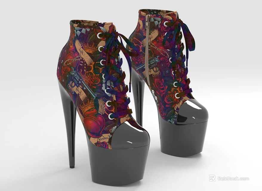 Colorful Printed High Heel Platform Shoes With Lace Up Design And Patent Leather Toe 3d model 
