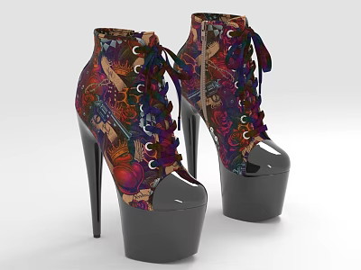 Colorful Printed High Heel Platform Shoes With Lace Up Design And Patent Leather Toe 3d model