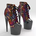 Colorful Printed High Heel Platform Shoes With Lace Up Design And Patent Leather Toe