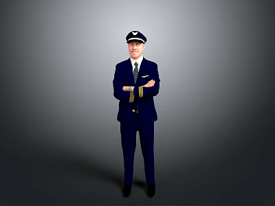 Professional Man in Pilot Uniform Standing with Crossed Arms and Cap 3d model