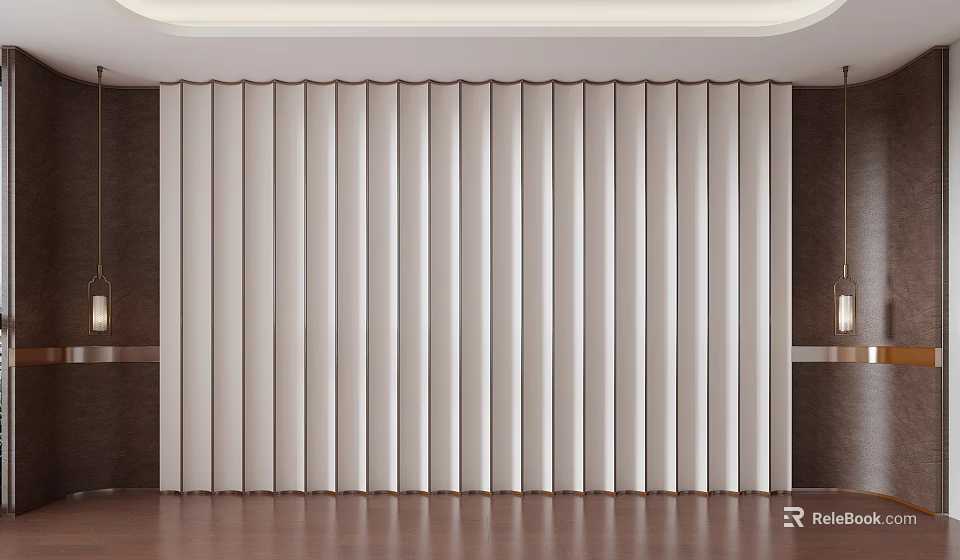 Minimalist Bedroom Accent Wall With White Vertical Stripes And Dark Side Panels On Wooden Flooring 3d model 