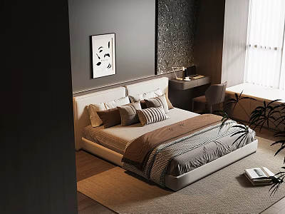 Modern Bedroom Interior With Cozy Bed Decorative Art Desk Chair Rug And Window Curtains 3d model
