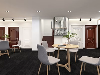 Modern Door Showroom Interior With Wooden And White Doors Tables Chairs And Spotlights 3d model