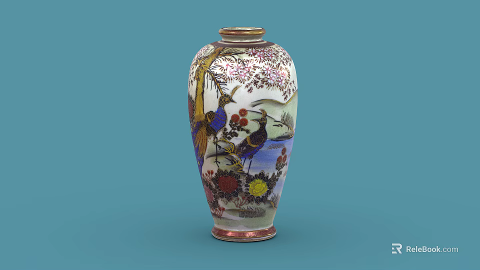 Decorative Oriental Vase With Gold Accents Colorful Bird And Floral Patterns 3d model 