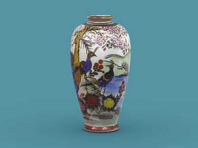 Decorative Oriental Vase With Gold Accents Colorful Bird And Floral Patterns 3d model