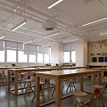 Bright School Workshop Classroom with Wooden Tables Stools Bookshelves and Workstations