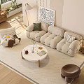 Plush Beige Modern Sofa and Round Coffee Table Set with Accent Chair and Plants