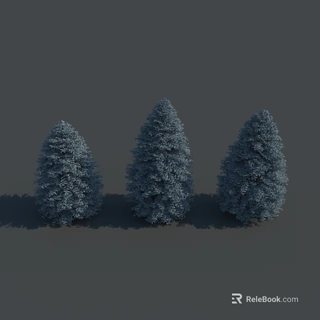 Three Conical Evergreen Trees With Deep Green Foliage And Shadows On Gray Background 3d model 