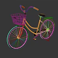 Bicycle With Yellow Frame Red Handlebars Black Basket Black Seat White Rims And Green Spokes