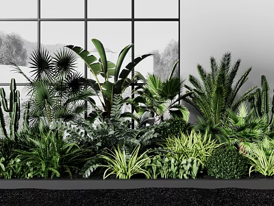 Lush Green Indoor Plants Collection With Various Species Against Large Window And Mountain View 3d model