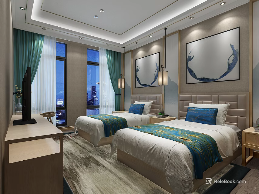 Modern Hotel Guest Room With Twin Beds Green Curtains And Night View Decorative Paintings 3d model 