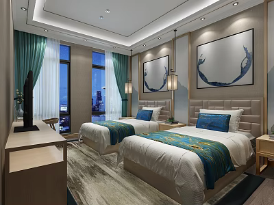 Modern Hotel Guest Room With Twin Beds Green Curtains And Night View Decorative Paintings 3d model