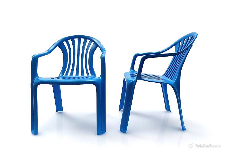 Two Blue Plastic Leisure Chairs with Armrests and Slatted Backrests for Outdoor Use 3d model 