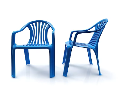 Two Blue Plastic Leisure Chairs with Armrests and Slatted Backrests for Outdoor Use 3d model