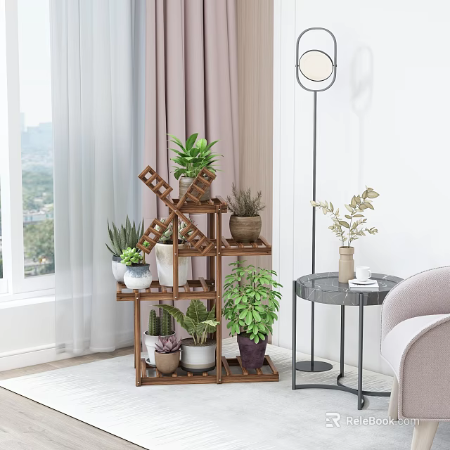 Wooden Multi Tiered Plant Stand Holding Various Green Potted Plants for Indoor Garden Decor 3d model 