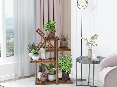 Wooden Multi Tiered Plant Stand Holding Various Green Potted Plants for Indoor Garden Decor 3d model