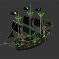 Pirate Themed Wooden Ship With Black Sails And Skull Flags And Green Windows
