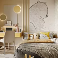 Kids Room With Circular Seating Nook White Yellow Wardrobes Bear Wall Decal Toys And Chandelier