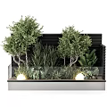 Lush Green Plants And Trees With Glass Railing And Lighting On Black Wall Planter