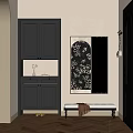 Modern Luxury Shoe Bench With Black Cabinet Mirror And Floral Pattern 3d model
