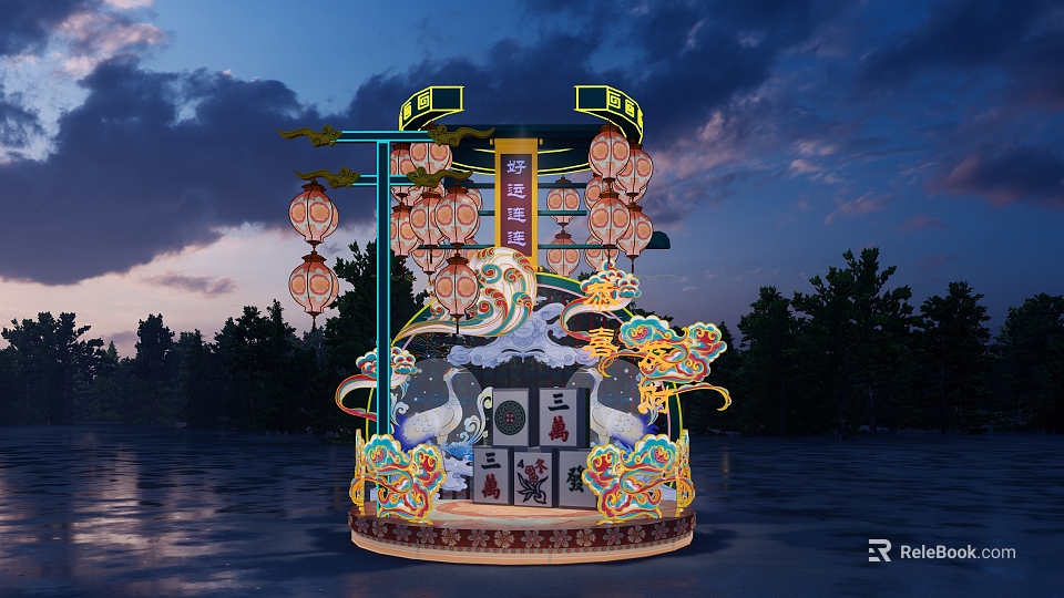 Traditional Festival Float Stage with Evening Sky Clouds Lanterns Dragon Ornaments and Water Surface 3d model 
