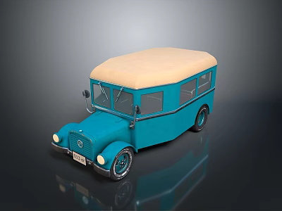 Vintage Blue Bus With Beige Roof Windows Wheels And Front Logo 3d model