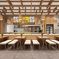 Traditional Chinese Restaurant Interior With Wooden Ceiling Hanging Lanterns Counter And Tables