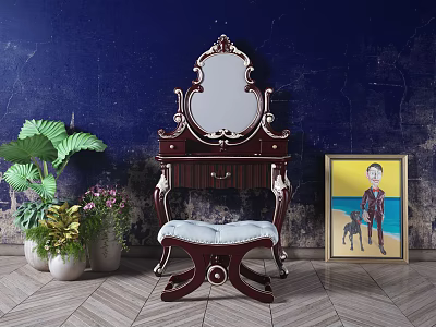 Ornate Antique Dressing Table With Mirror Padded Stool Green Plants And Framed Painting 3d model